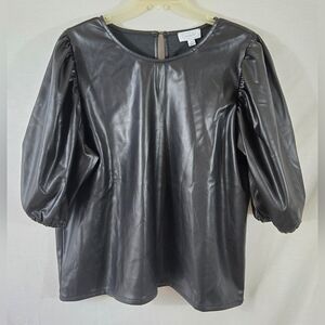 Mud Pie Women's Black Faux Leather Puff Sleeve Top Size Large